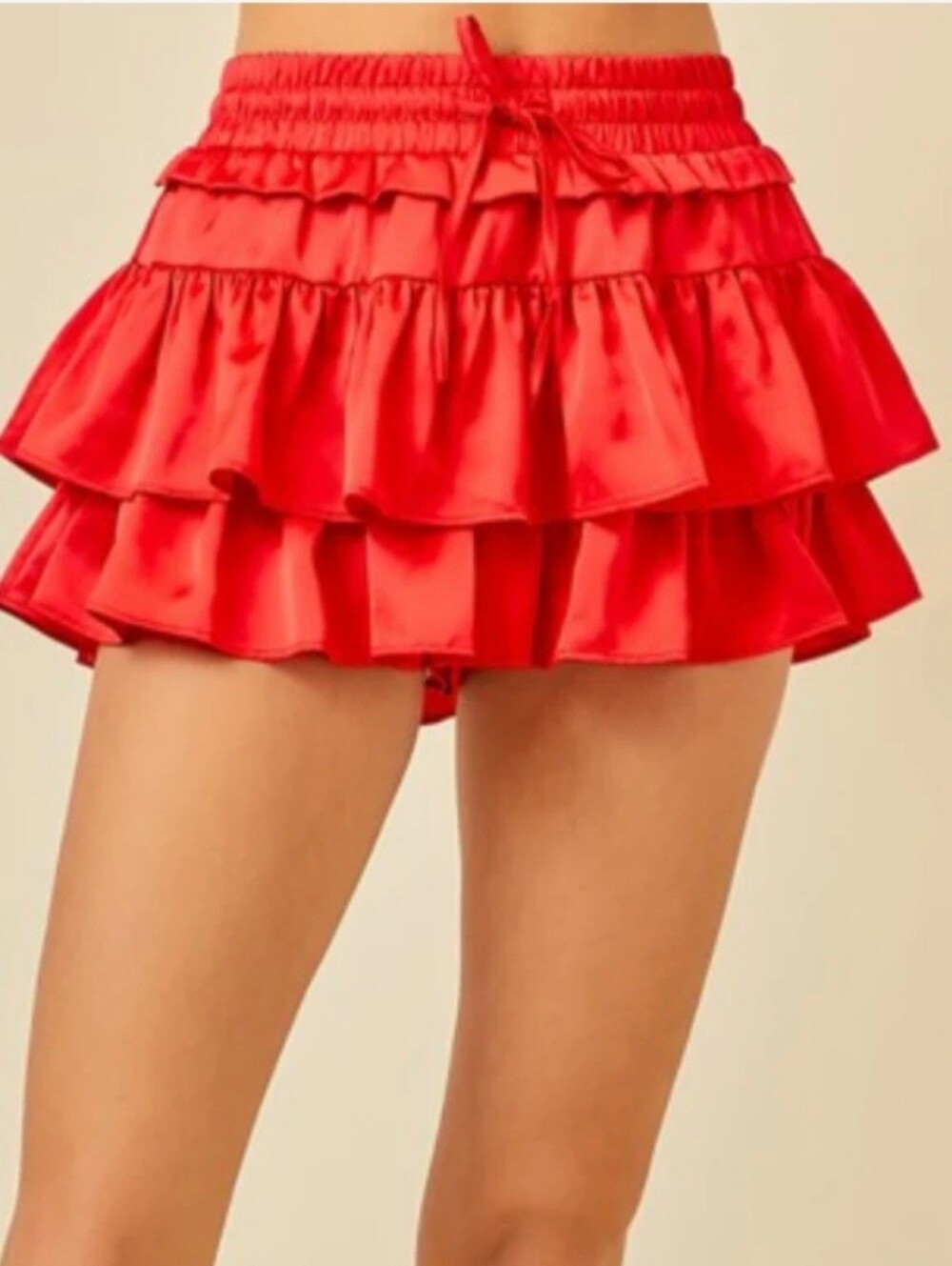 Day + Moon Red Tiered Ruffle Satin Skort